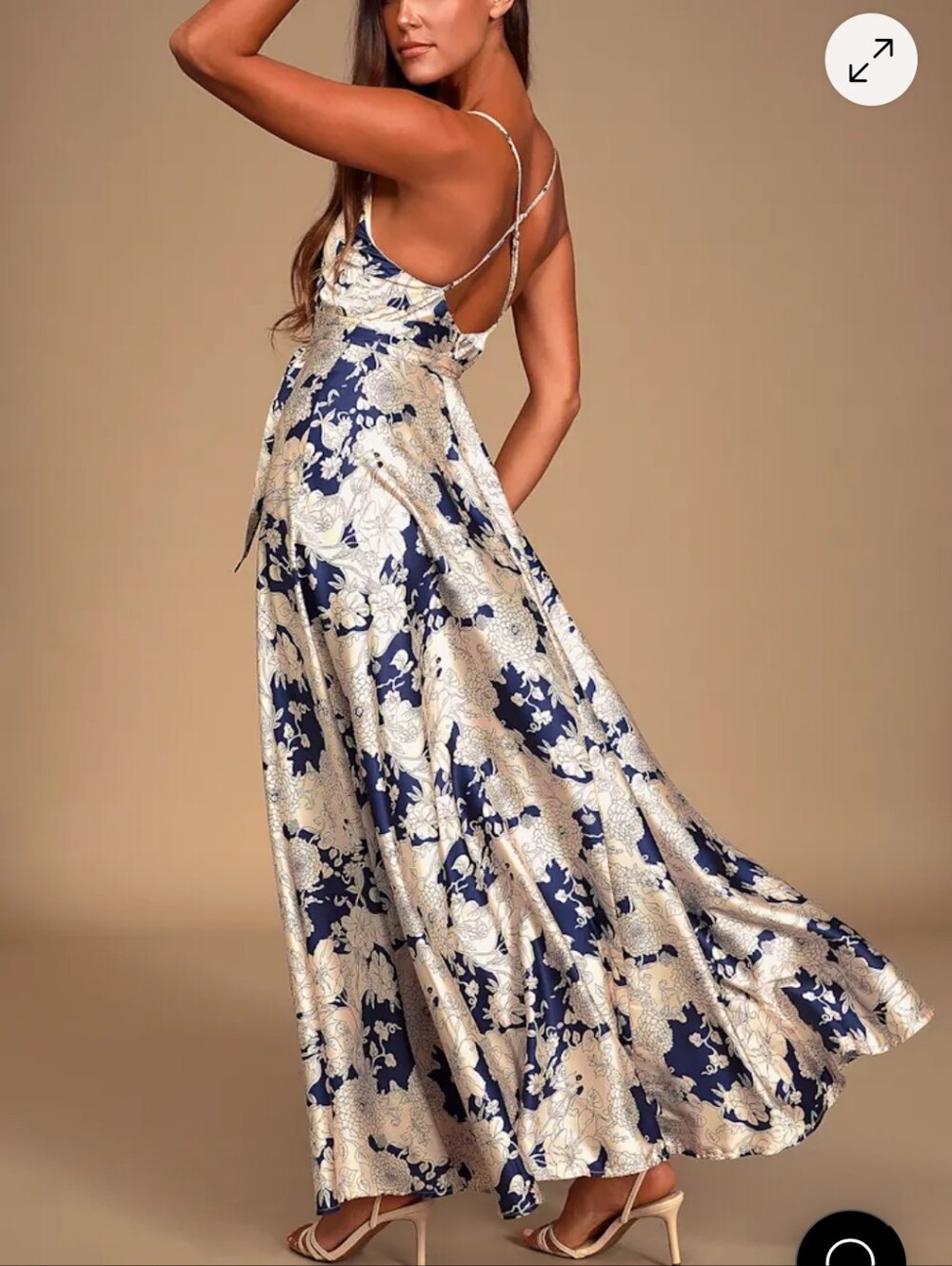 Lulus Tea Garden Satin Faux Wrap Maxi Dress Cream Floral Navy Blue Small